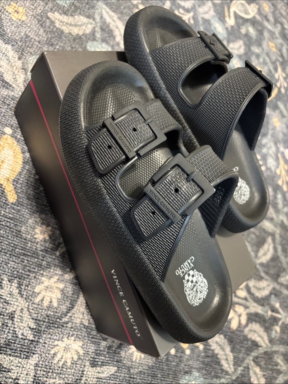 Vince Camuto Black Dual-Buckle Textured Slide Sandals